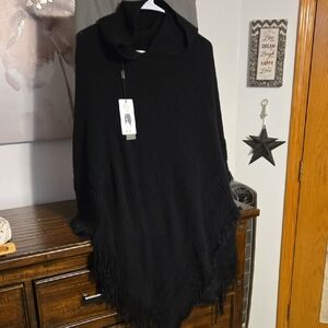 Ferand Black Knit Hooded Poncho with Fringe
